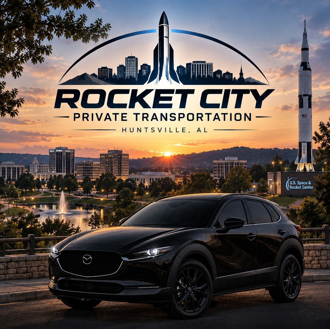 Rocket City Private Transportation: a blacked-out Mazda CX-30 parked above the Huntsville, Alabama skyline at sunset, with the U.S. Space & Rocket Center's Saturn V replica in the background